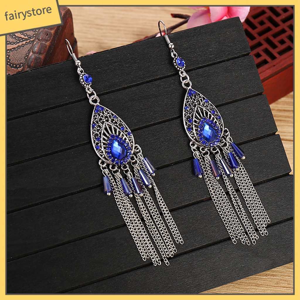 1 Đôi Bông Tai Dáng Dài Đính Đá Chống Mồ Hôi Phong Cách Trung Hoa Thời Trang