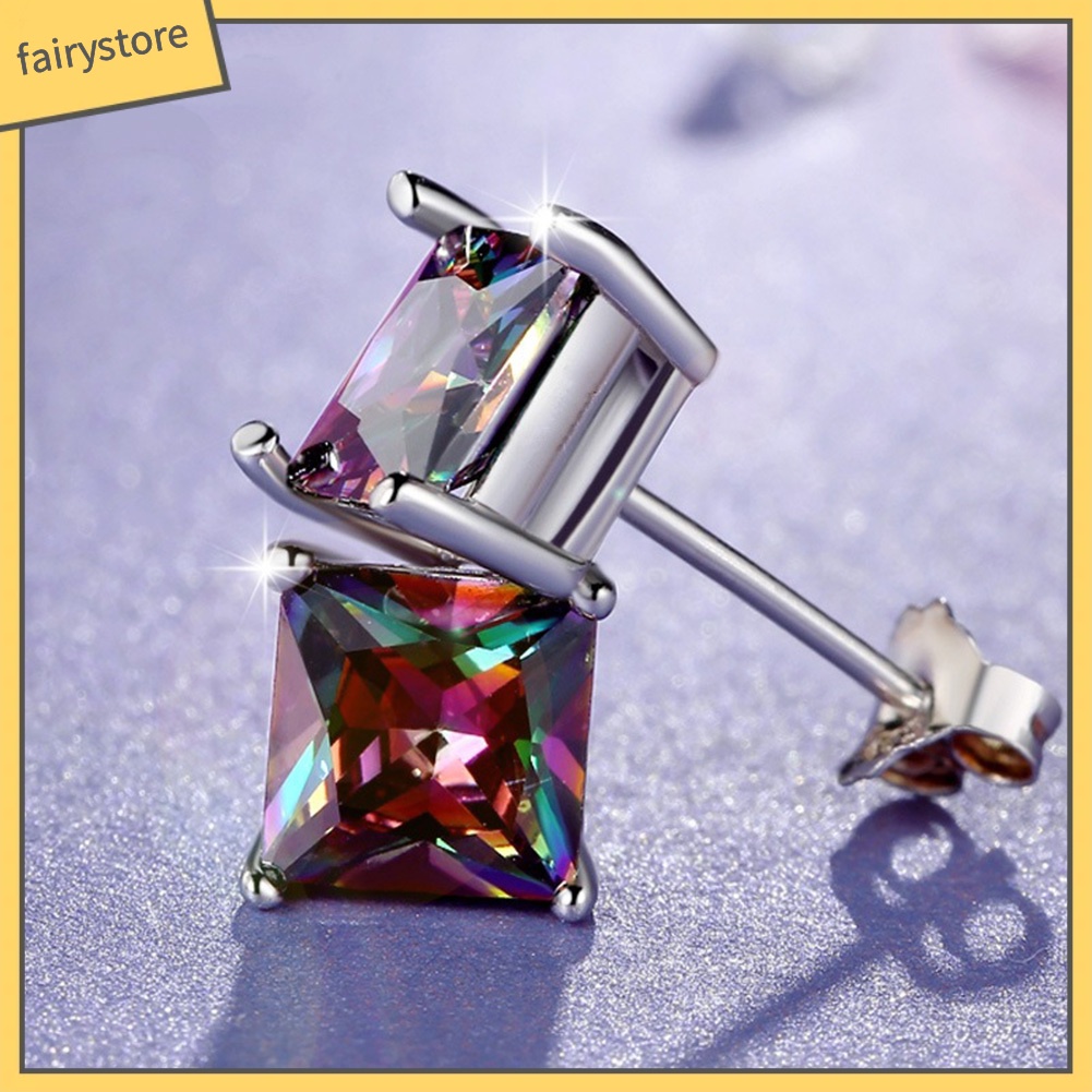 Khuyên Tai Đính Đá Vuông Tròn Nhiều Màu Phong Cách Cổ Điển