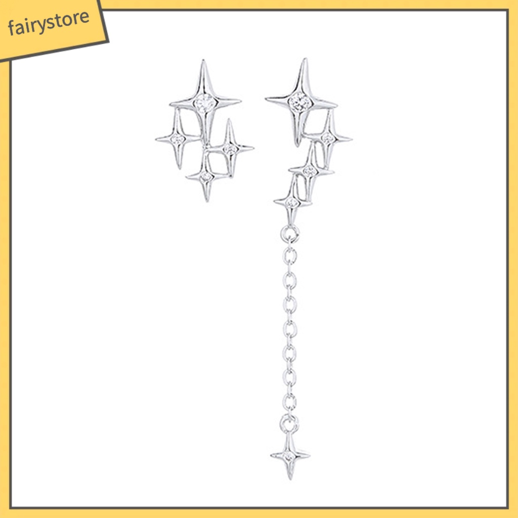 1 Đôi Bông Tai Xỏ Lỗ Dạng Chuỗi Thẳng Dài Mạ Bạc Thiết Kế Bốn Ngôi Sao Lấp Lánh Thời Trang Dự Tiệc