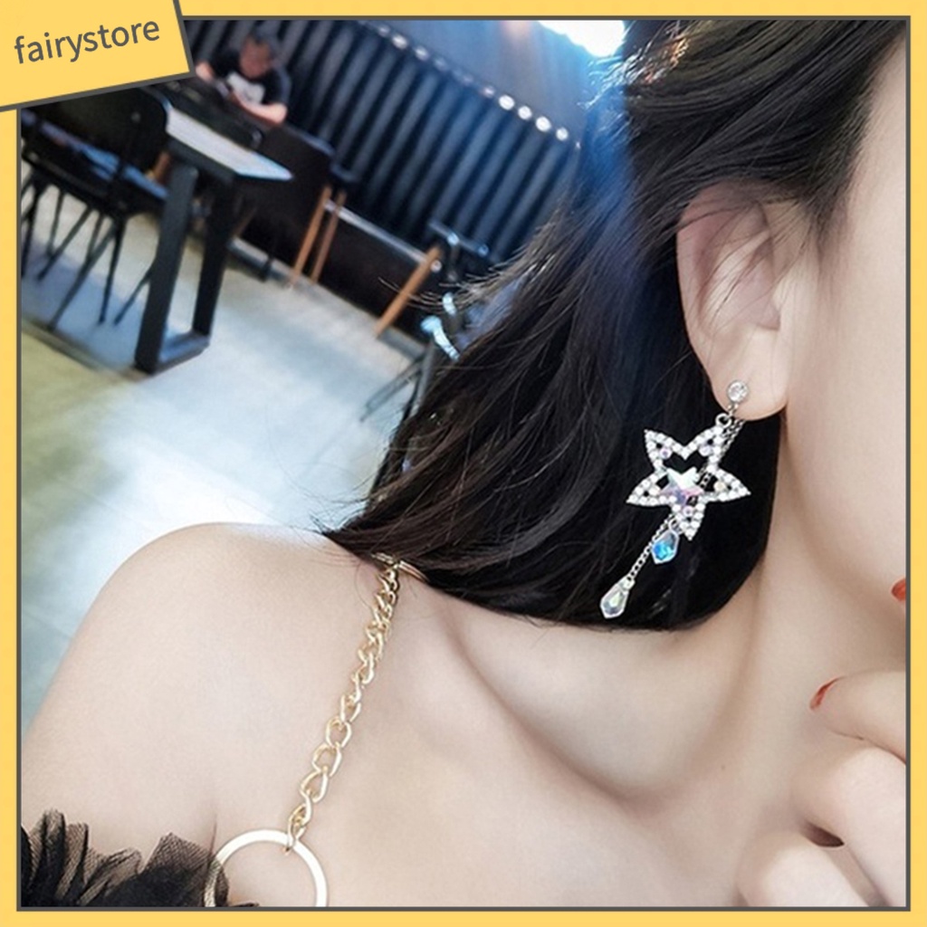 Bông Tai Dáng Dài Đính Đá Zircon Hình Ngôi Sao Phối Tua Rua Thời Trang Cho Nữ