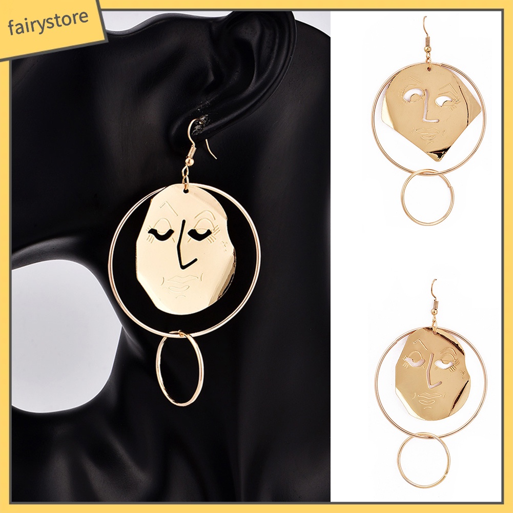 Khuyên Tai Dạng Móc Mặt Người Không Đối Xứng Chạm Khắc Thời Trang Cho Nữ