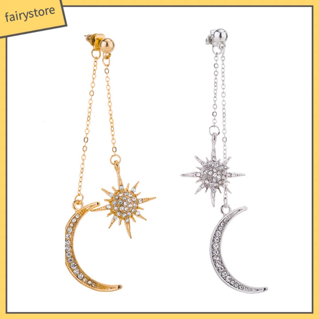 1 Đôi Bông Tai Hình Mặt Trăng Ngôi Sao Đính Đá Lấp Lánh Thời Trang