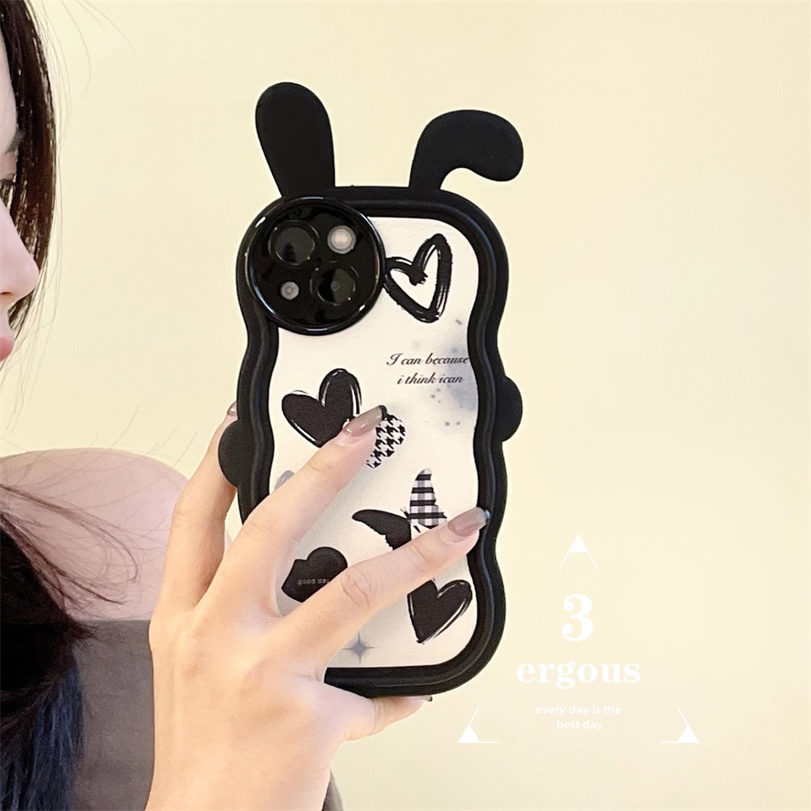 Ear CaseỐp Điện Thoại TPU Mềm Họa Tiết Trái Tim Màu Đen Cá Tính Cho IPhone 14 13 12 11 Pro Max X XR Xs Max