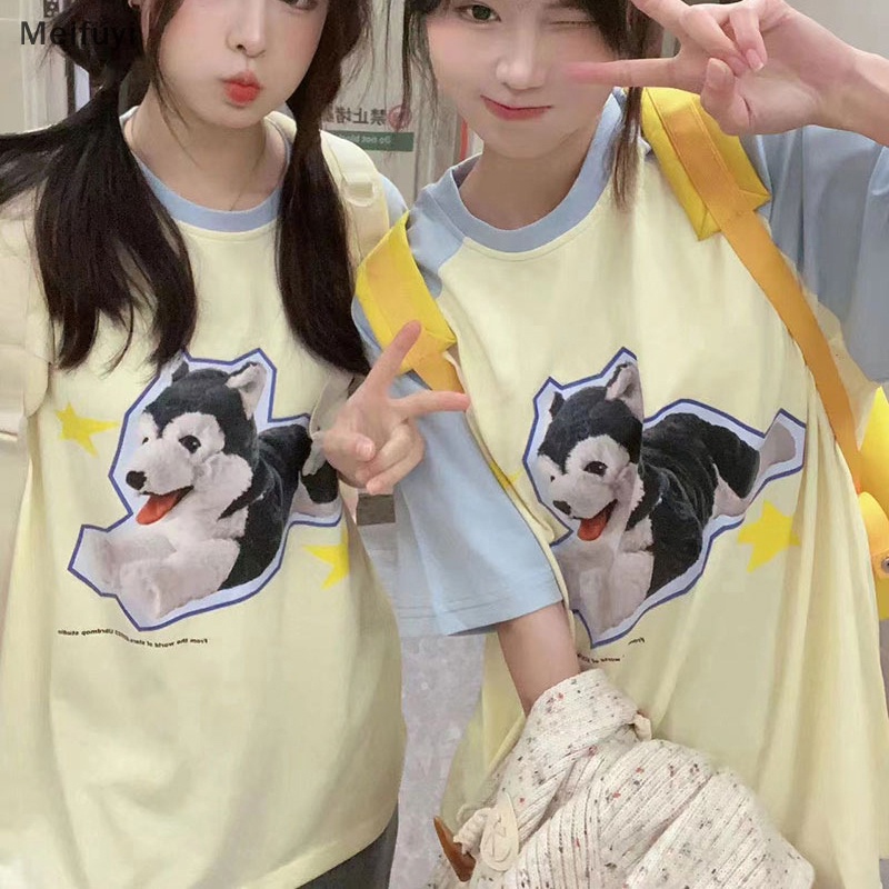 Áo Thun Tay Ngắn Cổ Tròn Dáng Rộng In Hình Chú Chó Hoạt Hình Dành Cho Nữ