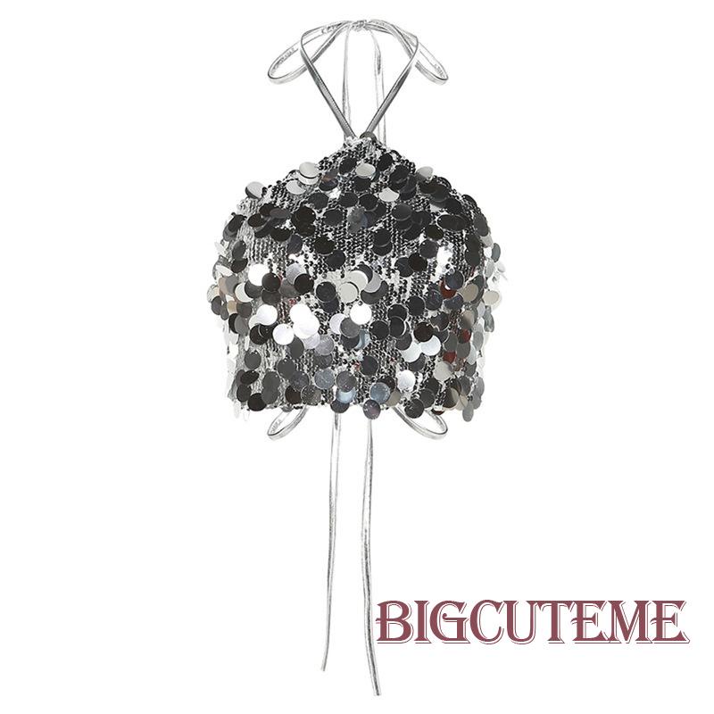 Áo Croptop Hai Dây Đính Kim Sa Lấp Lánh Thời Trang Mùa Hè Cho Nữ