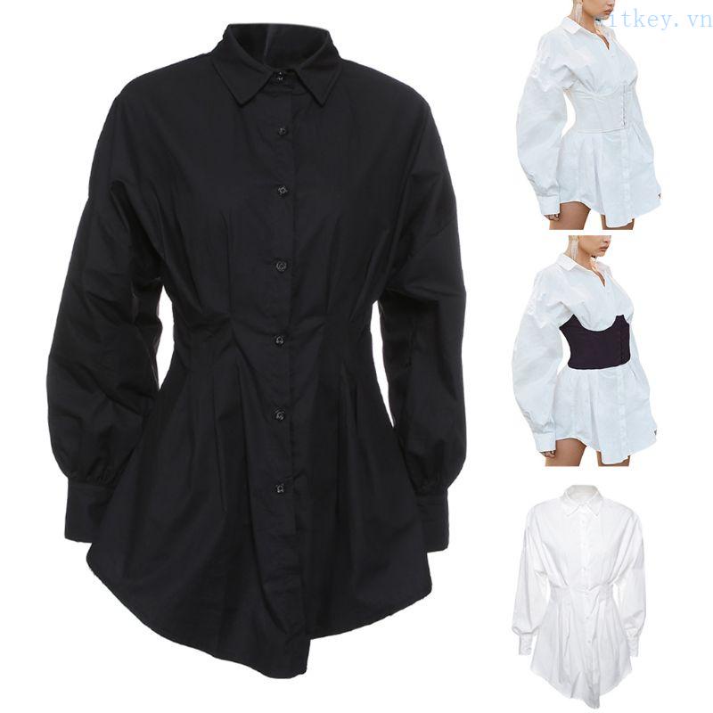 Đầm Dáng Rộng Cổ Chữ V Tay Phồng Cài Nút Gợi Cảm Thời Trang Cho Bạn Gái