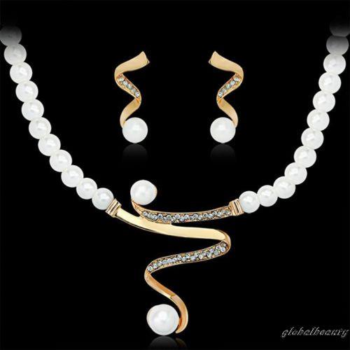 Bộ Vòng cổ + Bông Tai Đính Ngọc Trai Nhân Tạo Kiểu Hở Đính Đá Sang Trọng Cho Nữ