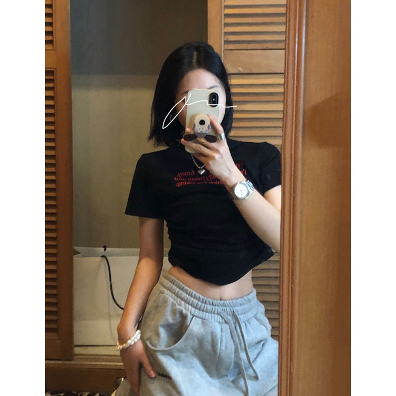 SUXI Áo Thun Crop Top Ôm Dáng Thêu Chữ Thời Trang Mùa Hè Hàn Quốc Cho Nữ