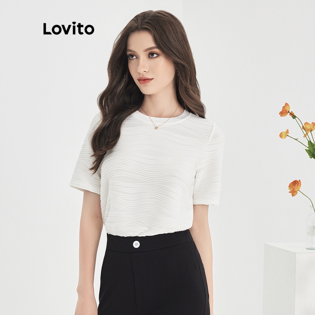 Áo thun Lovito tay ngắn cổ tròn dệt họa tiết màu trơn thường ngày cho nữ L51ED035 (Màu trắng)