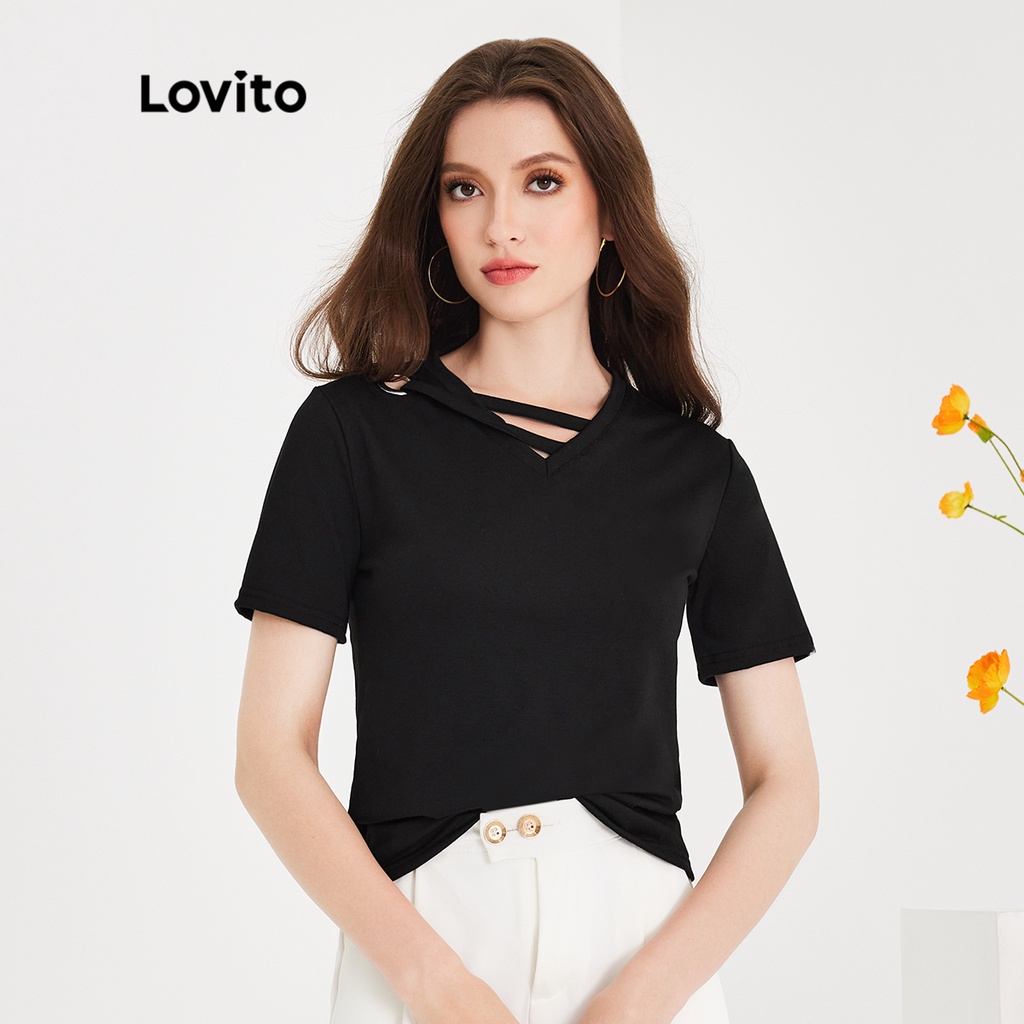 Áo thun LOVITO tay ngắn cổ chữ V màu trơn thường ngày dành cho nữ LNE06139 (màu đen)