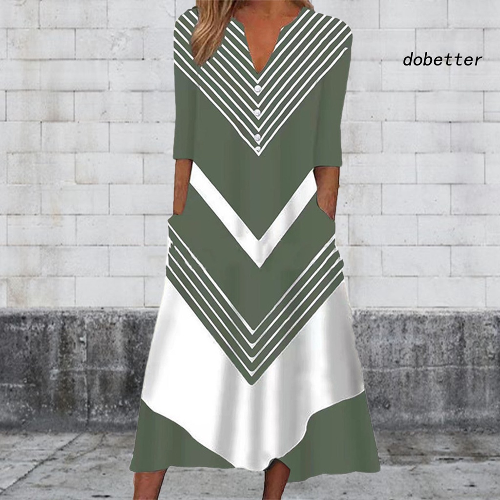 Đầm Dài Cổ Chữ V Kẻ Sọc Phối Nút Trang Trí Có Túi Thời Trang Cho Nữ