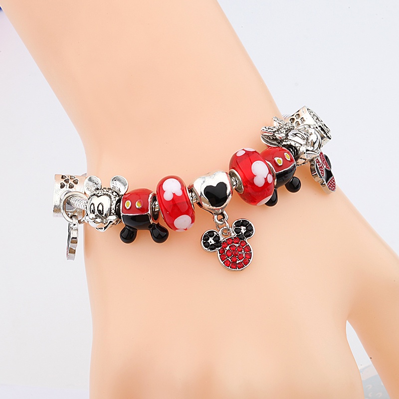 DISNEY Vòng Tay Đính Đá Hình Chuột Mickey Minnie Màu Hồng / Đỏ Dễ Thương Cho Bé Gái DIY