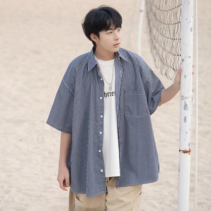 Áo Sơ Mi Tay Ngắn Dáng Rộng Họa Tiết Kẻ Sọc Thời Trang Mùa Hè 2023 Phong Cách Nhật Bản Cho Nam