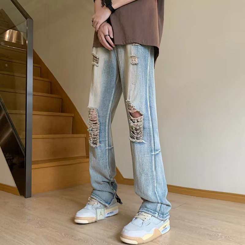 Quần Jean Ống Rộng Rách Gối Phong Cách Đường Phố Mới Cho Nữ