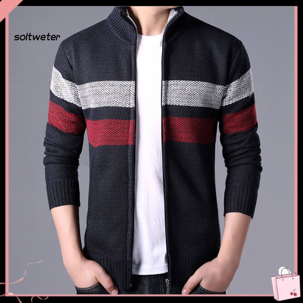 Áo Khoác Cardigan Dệt Kim Tay Dài Cổ Đứng Cài Khóa Kéo Có Túi Thời Trang Thu Đông Cho Nam