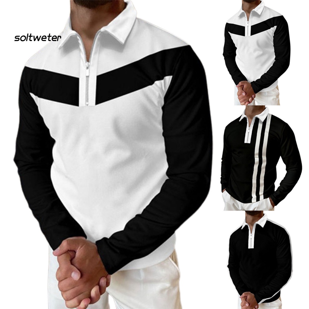 Áo Sơ Mi Nam Cổ Bẻ Kẻ Sọc Màu Tương Phản Có Khóa Kéo Thích Hợp Mặc Hàng Ngày