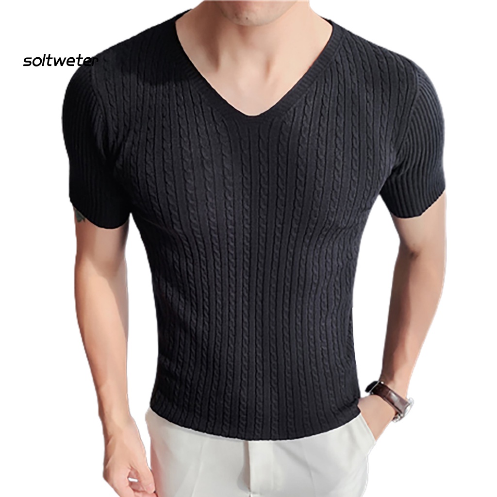 Áo Thun Dệt Kim Tay Ngắn Cổ Chữ V Màu Trơn Thoáng Khí Thời Trang Mùa Hè Cho Nam