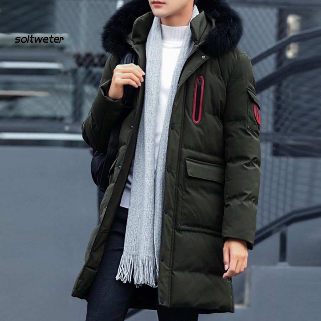 Áo Khoác Phao Có Nón Tay Dài Màu Trơn Phối Lông Giả Màu Sắc Thời Trang Đường Phố Mùa Đông Cho Nam