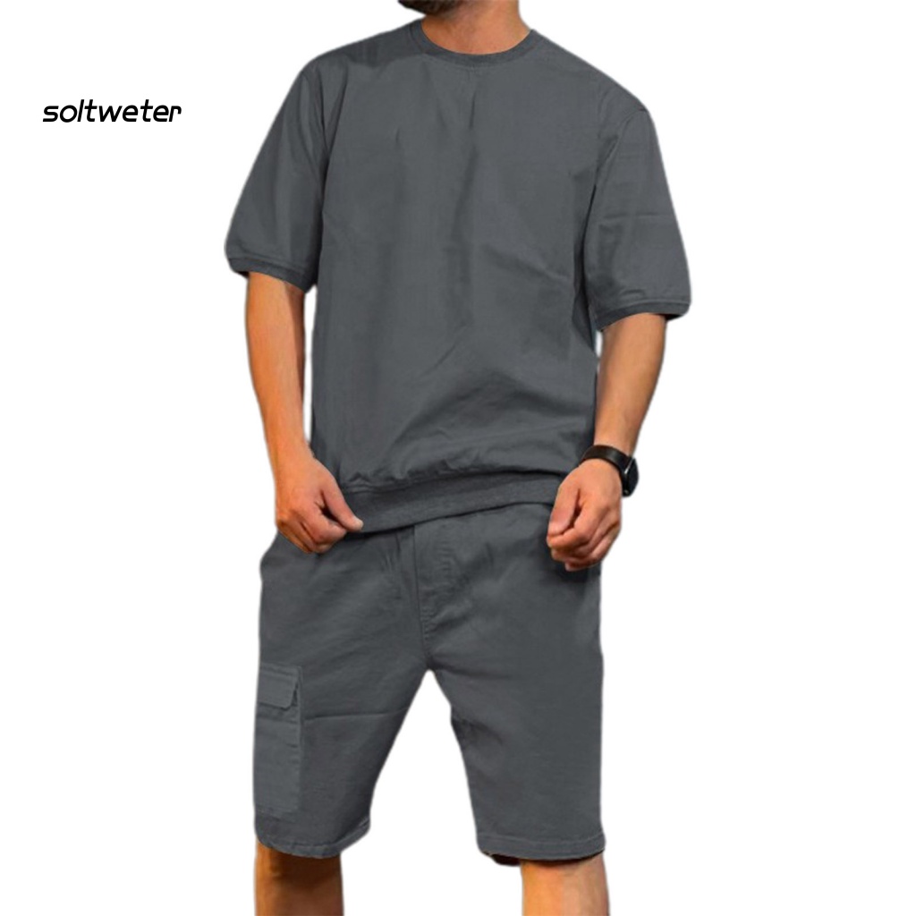 1 Bộ Đồ Thể Thao Áo Tay Ngắn Cổ Tròn Màu Trơn Phối Quần Lưng Thun Có Túi Thời Trang Cho Nam