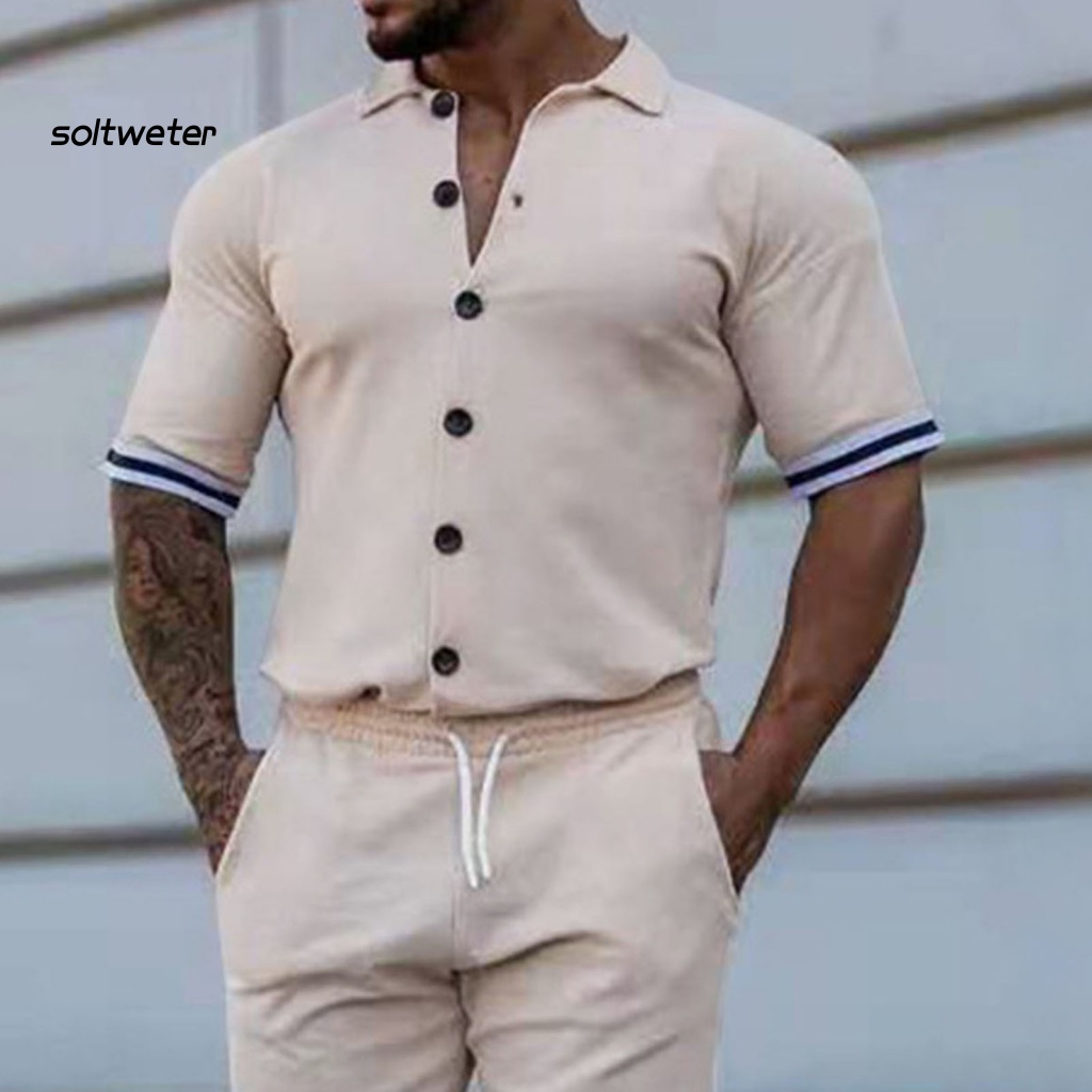 Set Đồ Mùa Hè 2 Món Gồm Áo Tay Cộc Cổ Bẻ In Họa Tiết Kẻ Sọc + Quần Ngắn Lưng Thun Cho Nam