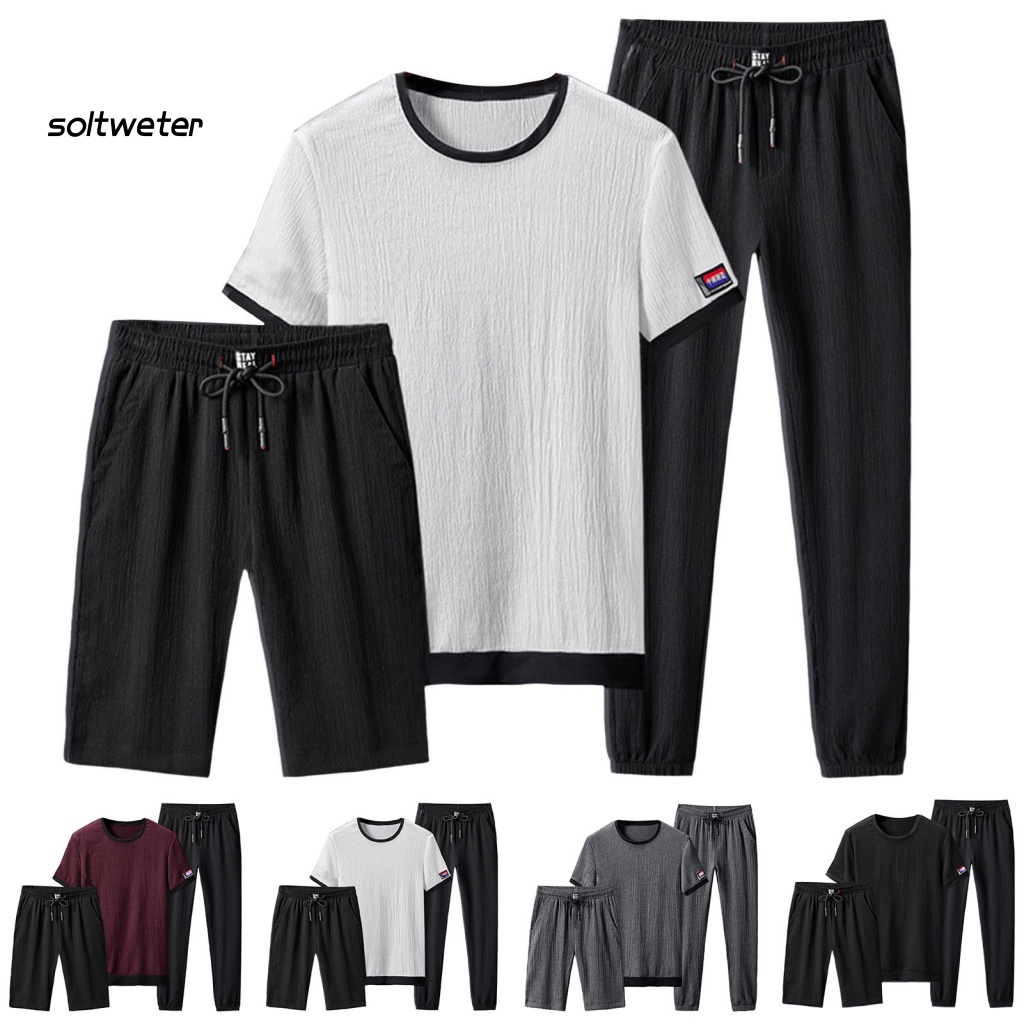 1 Bộ Áo Cổ Tròn Màu Trơn Phối Quần Short Dây Rút Phong Cách Đường Phố Thời Trang Mùa Hè Cho Nam