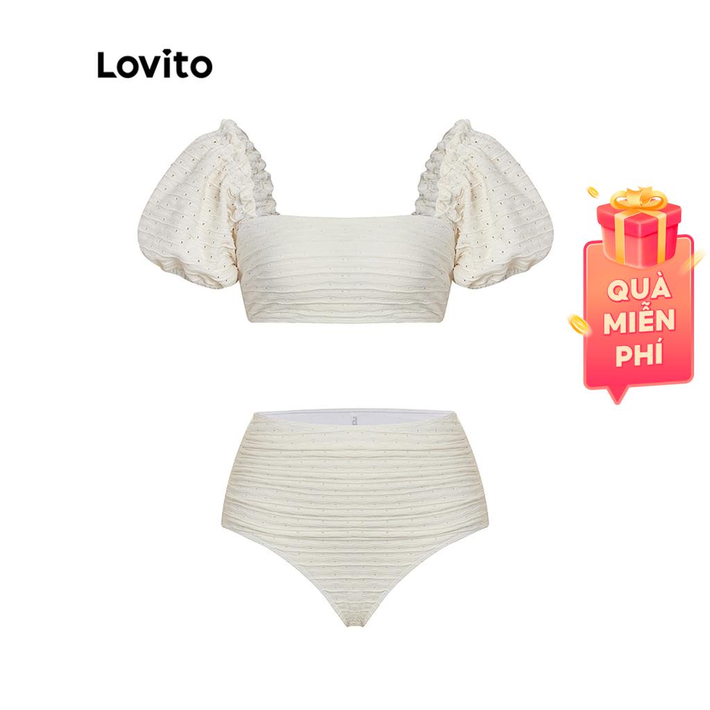 Bộ bikini Lovito tay phồng trễ vai đệm ngực có thể tháo rời viền nhún màu trơn dễ thương cho nữ L48AD004 (màu trắng ngà)