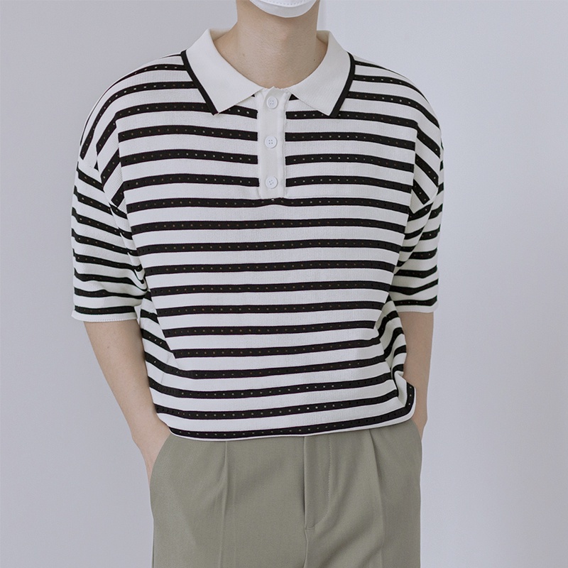 INCERUN Áo POLO Dệt Kim Ngắn Tay Họa Tiết Kẻ Sọc Trẻ Trung