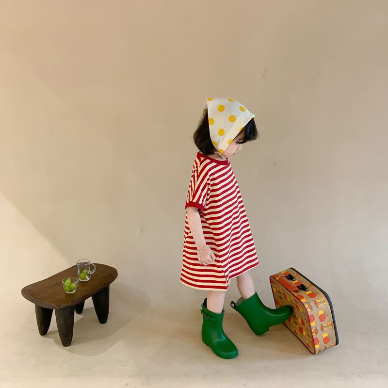 (MớI) Đầm Midi NgắN Tay 100% Cotton 2023 HọA TiếT Kẻ SọC Cho Bé GáI