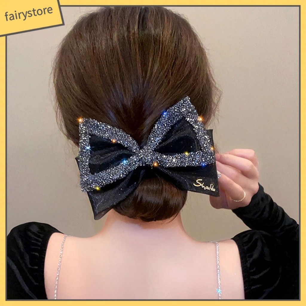 Kẹp Tóc Trang Trí Nơ Lưới Lớn Đính Đá Lấp Lánh Chống Trượt