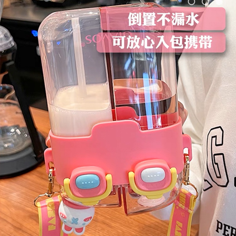 Bình Nước 780ml Có Hai Ngăn Kèm Ống Hút Họa Tiết Hoạt Hình Dễ Thương