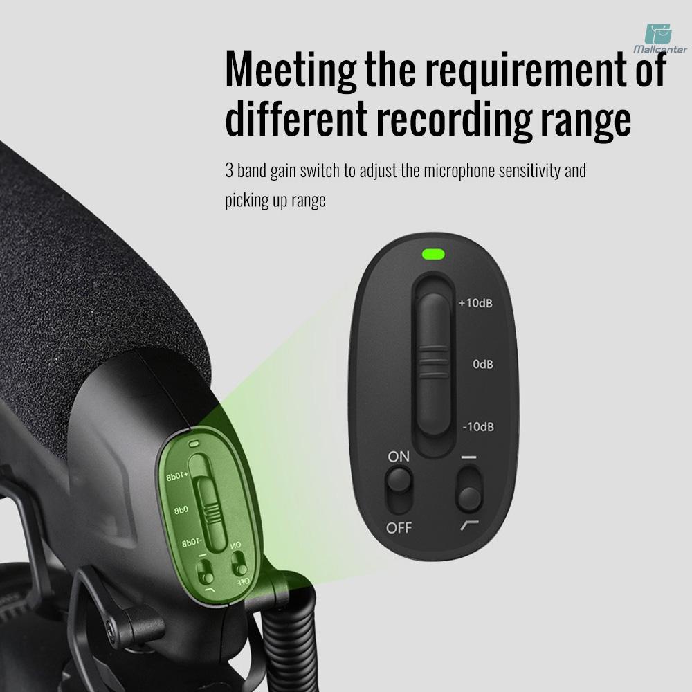 SGC-600 On-camera Condenser Interview Microphone Mic Super-cardioid 3-level Gain Control Low Cut Switch 3.5mm Plug with Windscreen Cold Shoe Mount Compatible with DSLR Cameras Camcorders