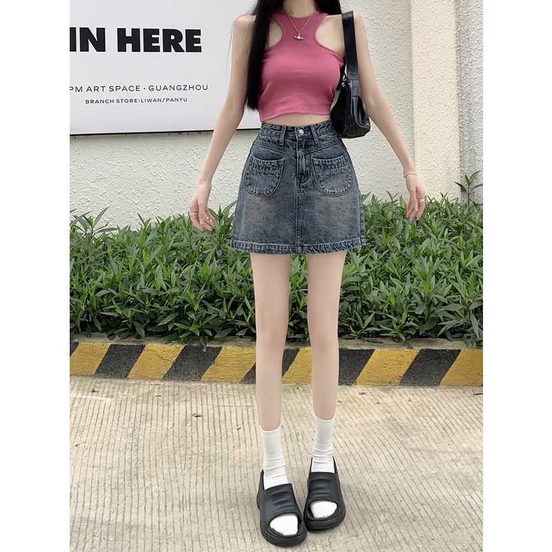 Y2k Chân Váy Jean Denim Chữ a Lưng Cao Phong Cách Retro Mỹ Thời Trang Mùa Hè Cho Nữ
