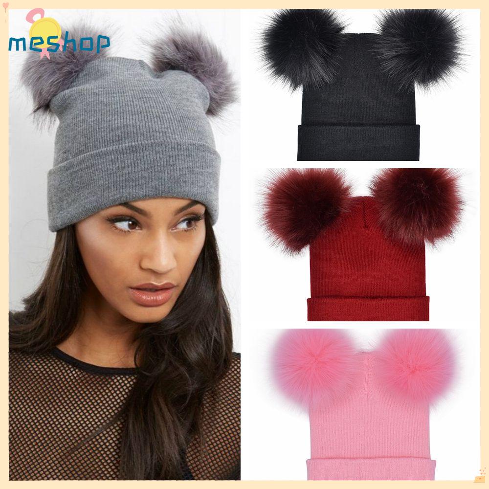 Mũ Len Đính Hai Quả Bông Xinh Xắn Dành Cho Nữ