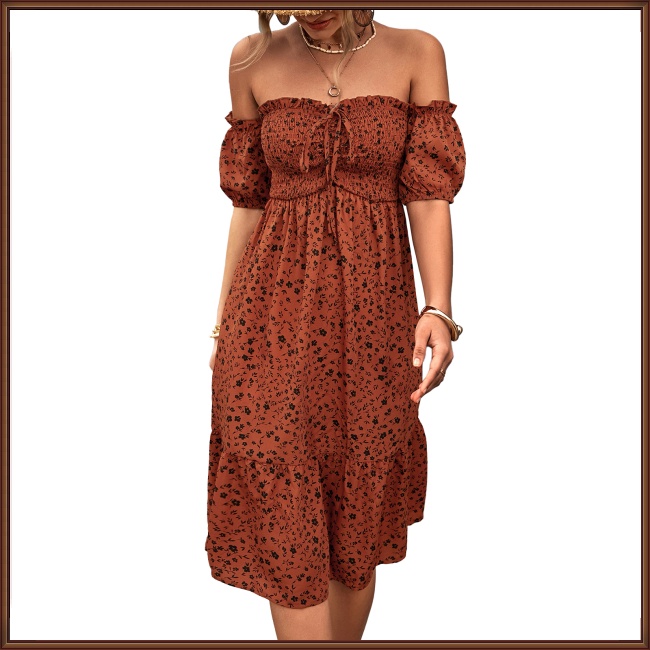 Đầm Midi Tay Ngắn Hở Vai Phối Bèo In Họa Tiết Hoa Thanh Lịch Thời Trang Mùa Hè Cho Nữ