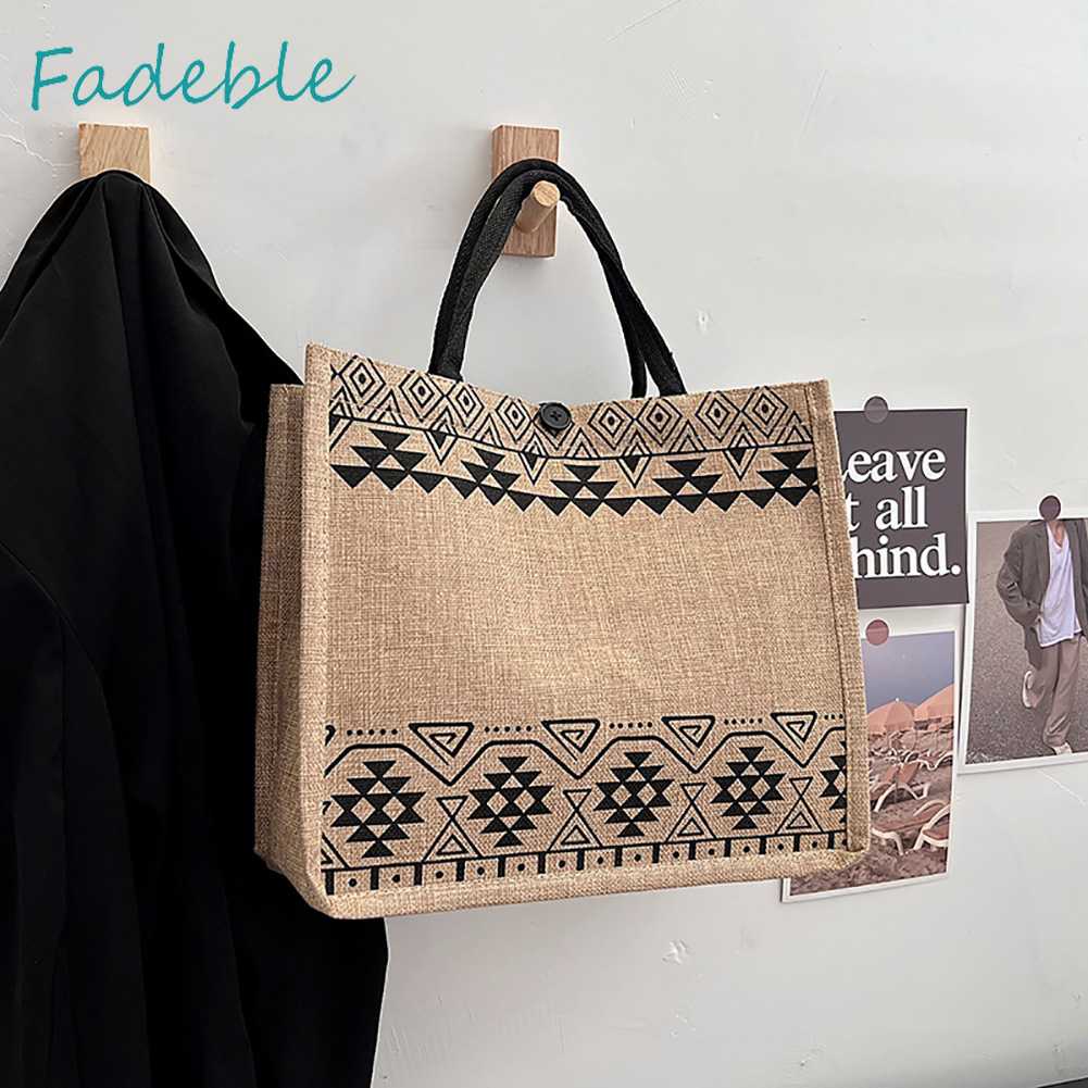 Túi Xách Tote Vải Lanh Cỡ Lớn Họa Tiết Hình Học Phong Cách Vintage Cho Nữ