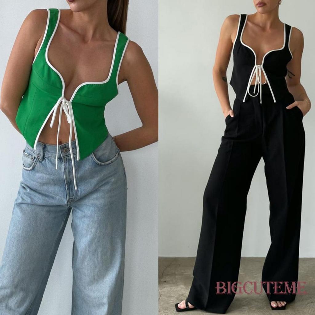 [] - Áo Crop Top Không Tay Cột Dây Phía Trước Ôm Dáng Màu Sắc Tương Phản Thời Trang Mùa Hè