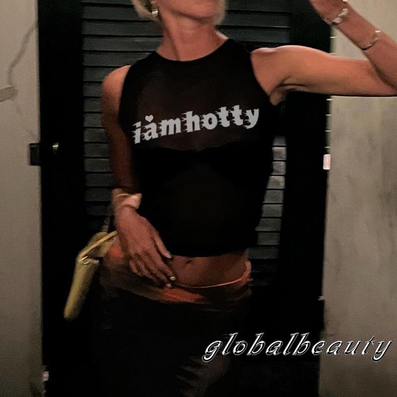 Áo Thun Lưới Không Tay In Chữ Thời Trang Dành Cho Nữ