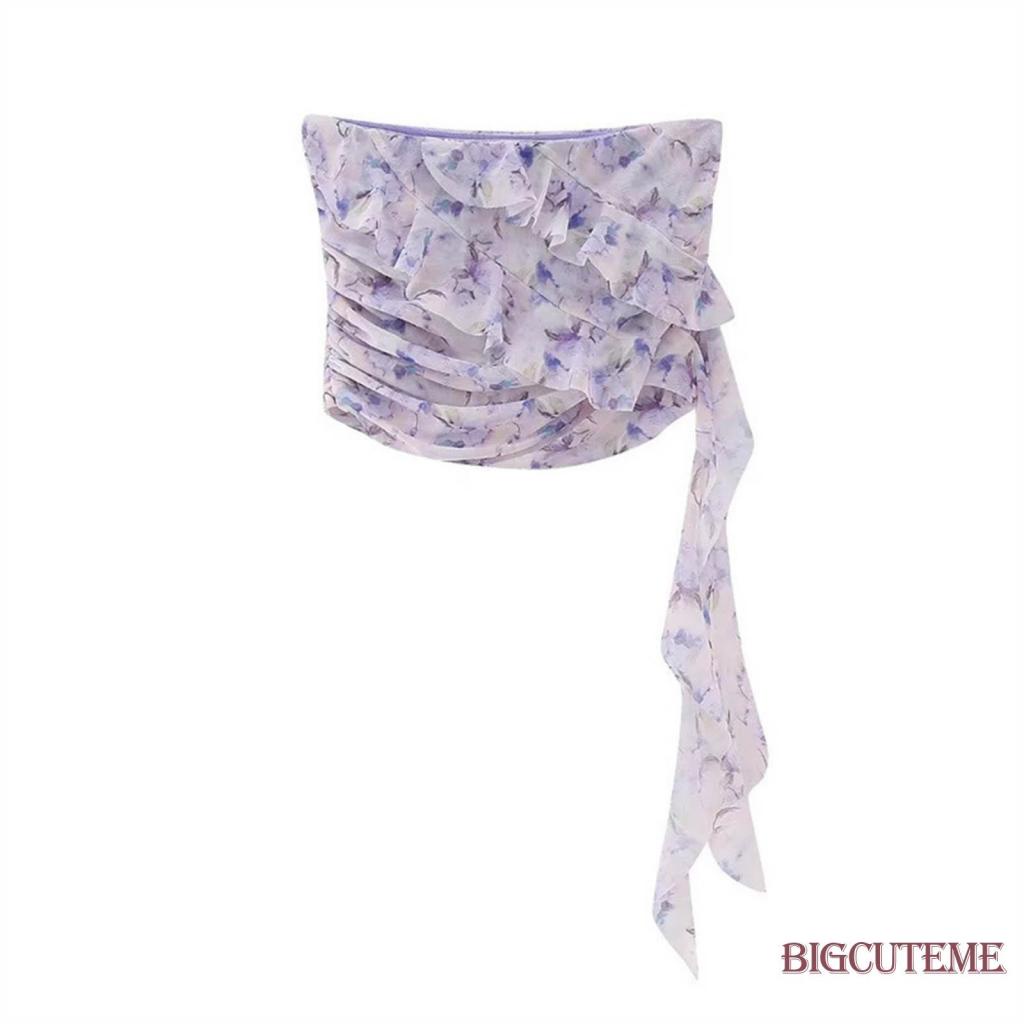 Áo Croptop Trễ Vai Nhún Bèo Họa Tiết Hoa Thời Trang Cho Nữ