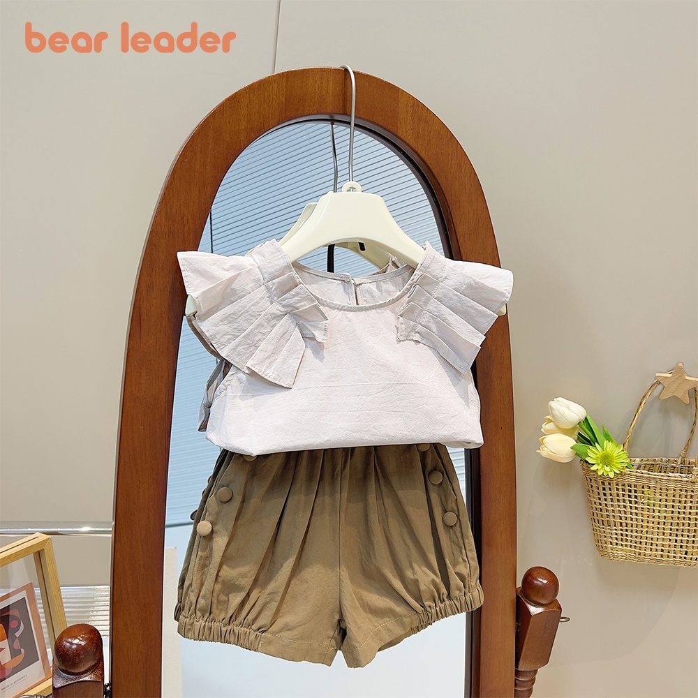 BEAR LEADER Set Đồ Mùa Hè 2 Món Gồm Áo Tay Gỗ Màu Trơn + Quần Ngắn Cho Bé Gái