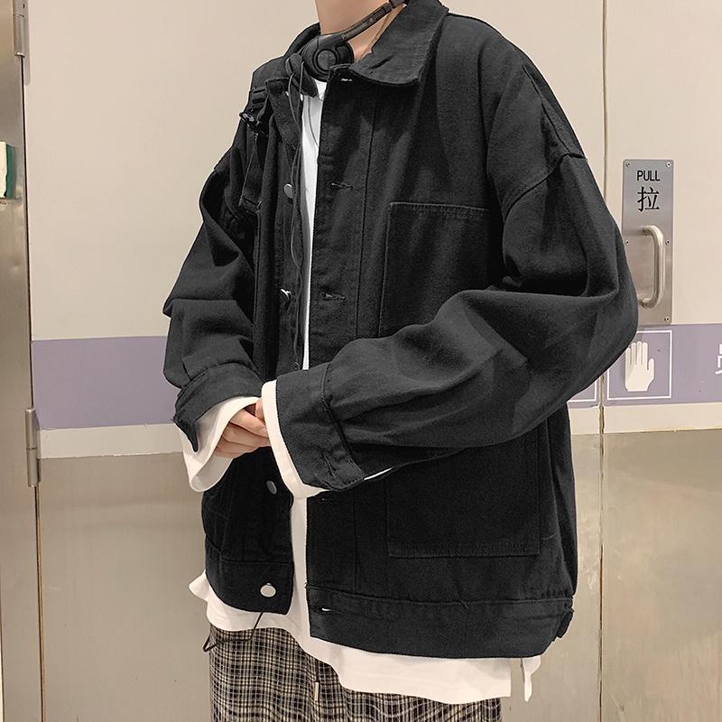 Áo Khoác Denim Màu Đen Dáng Rộng Phong Cách Retro Nhật Hàn Thời Trang Xuân Thu Cho Nam Giới