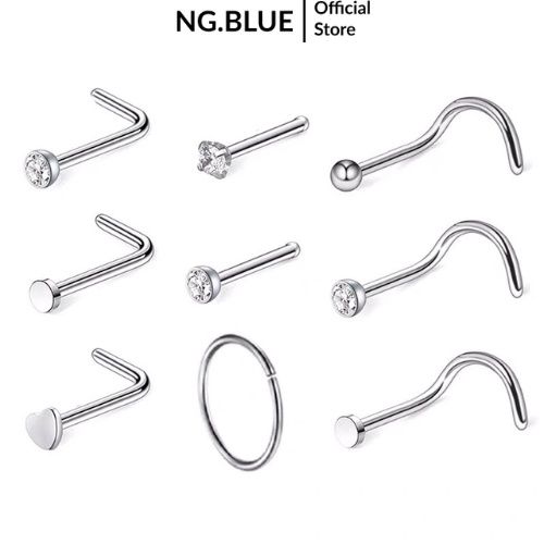 Khuyên mũi bạc tròn chữ l đính đá thép titan không gỉ an toàn nam nữ KM1