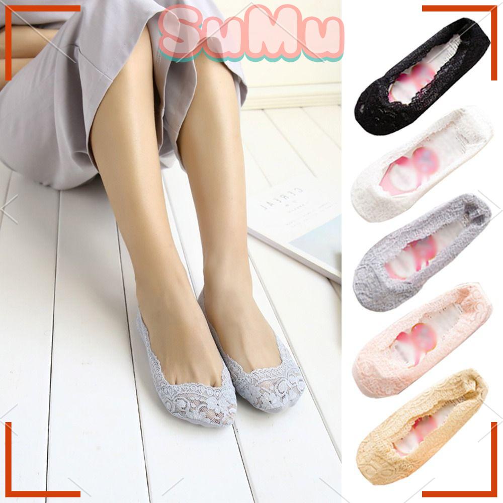 Đôi Vớ Thuyền Bằng Silicone Gel Cotton Ren Mỏng Cổ Thấp Thời Trang