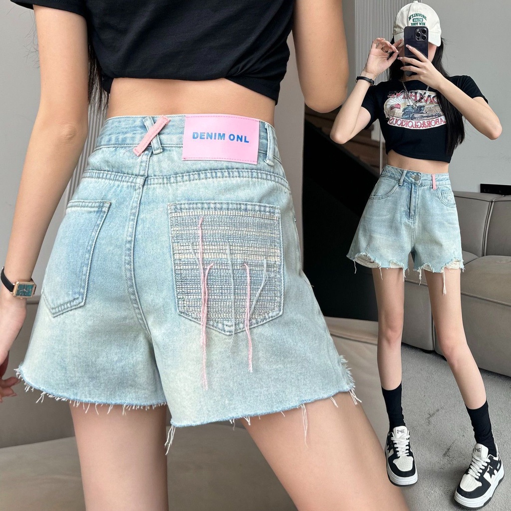 Quần Short Denim Rách Lưng Cao Dáng Rộng Thời Trang Mùa Hè Hàng Mới Dành Cho Bạn Nữ