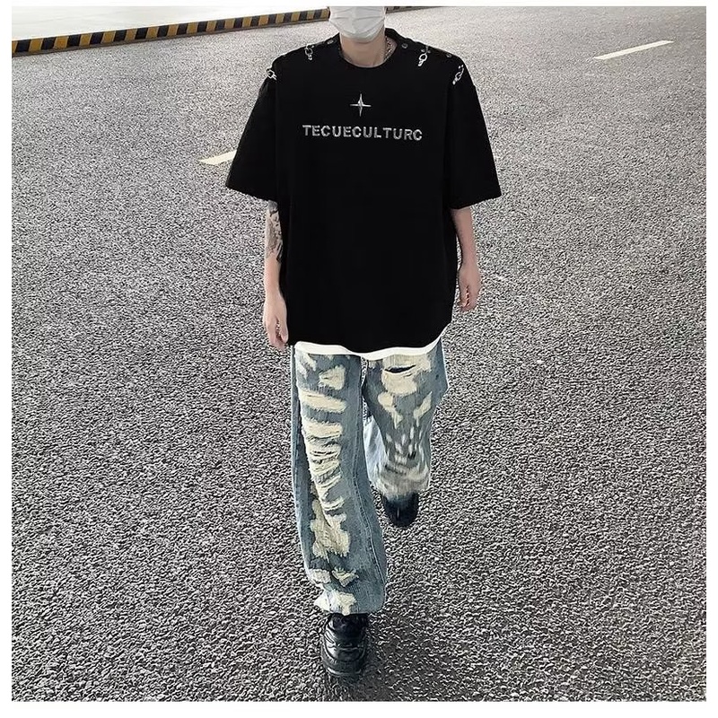 Áo Thun Tay Ngắn Phối Nút Kim Loại Nặng 320g Phong Cách Đường Phố Mỹ Cho Nam