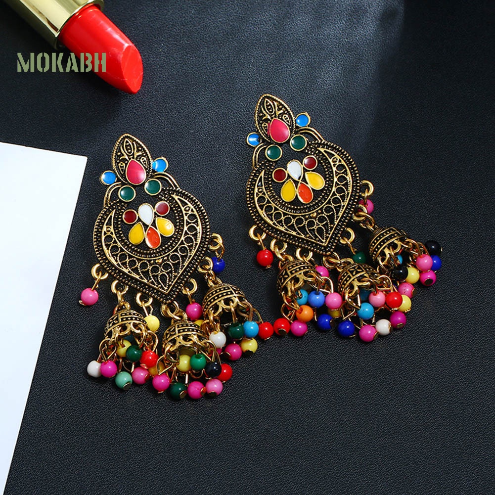 Bông Tai Chuỗi Hạt Trái Tim Phối Tua Rua Phong Cách Bohemian