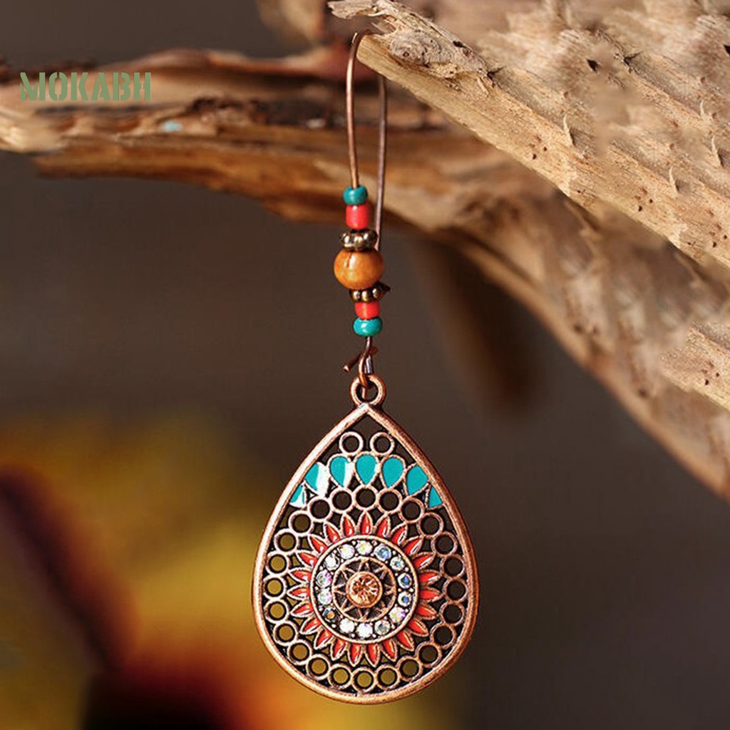 1 Đôi Bông Tai Hình Giọt Nước Họa Tiết Hoa Phong Cách Bohemia Cổ Điển