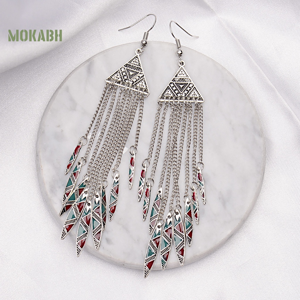 1 Đôi Bông Tai Hình Tam Giác Dạng Móc Tua Rua Dài Phong Cách Vintage