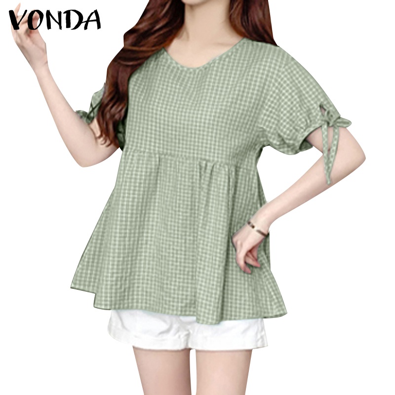 Áo VONDA ngắn tay cổ tròn họa tiết kẻ sọc phong cách Hàn Quốc cho nữ