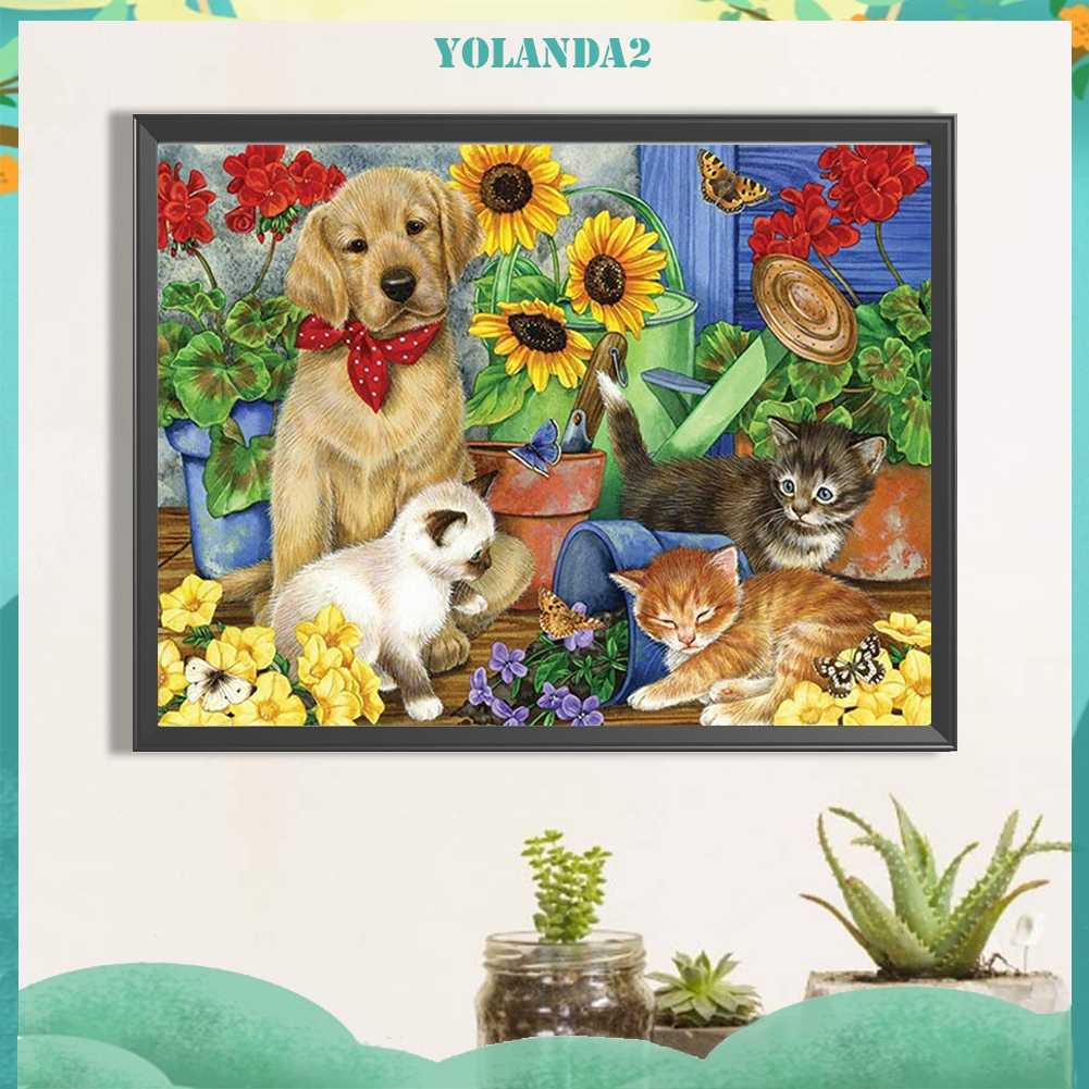 Tranh Đính Đá Kim Cương Toàn Bộ 5D DIY Hình Vẽ Chó Mèo Trang Trí Nhà Cửa