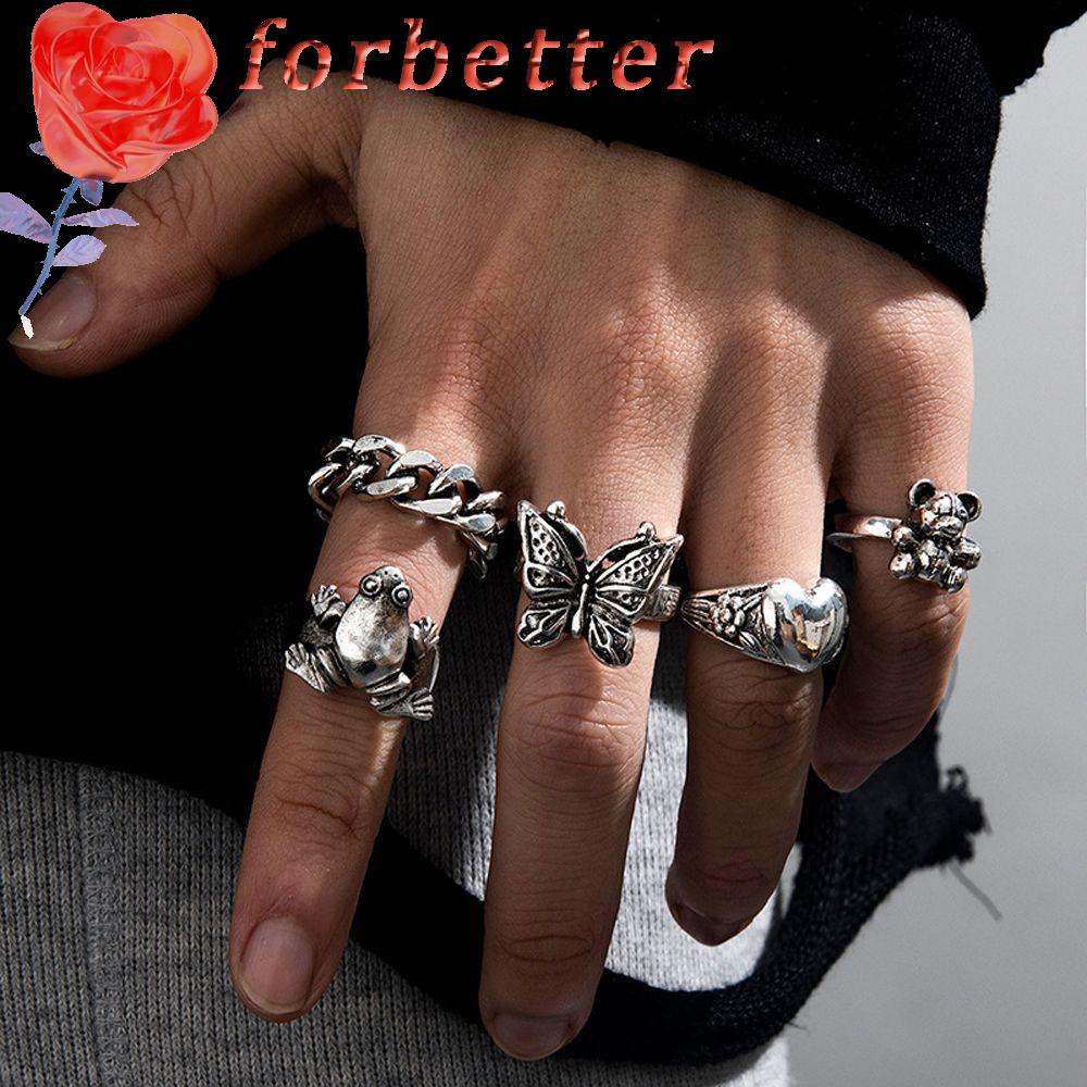 Bộ Nhẫn Hình Gấu Và Bướm Phối Dây Xích Chéo Phong Cách Vintage Thời Trang Cho Nữ